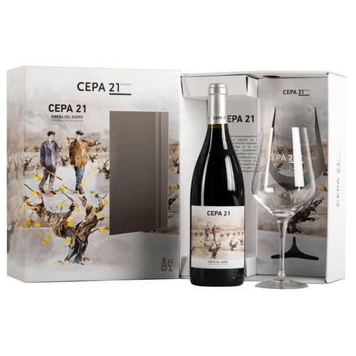 CEPA 21  Estuche con 1 botella de vino tinto con D.O. Ribera del Duero + copa.
