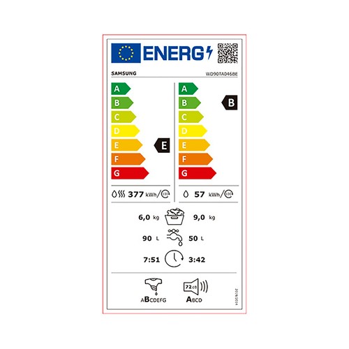 Lavadora secadora SAMSUNG WD90TA046BE/EC, capacidad lavado/secado: 9KG/5KG, clasificación energética: B, 1400RPM, H: 85cm,A: 60cm,F: 65cm.
