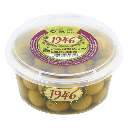 1946 Aceitunas verde (categoría primera) con hueso sabor anchoa 200 g.