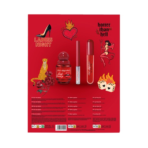 DON ALGODÓN Red party Neceser para mujer con colonia, brillo de labios 3D y eyeliner brillante.