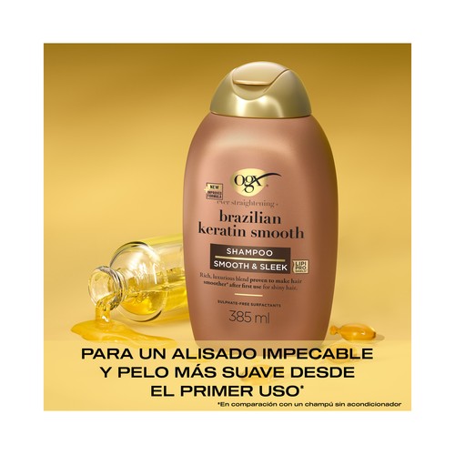 OGX Champú alisador con proteínas keratina, para cabellos gruesos o encrespados 385 ml.