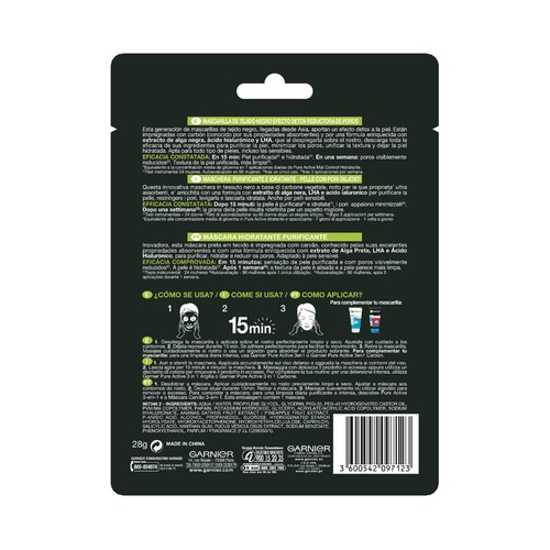 GARNIER Skin active pure charcoal Mascarilla de tejido, con extracto de alga negra, para pieles con poros dilatados.