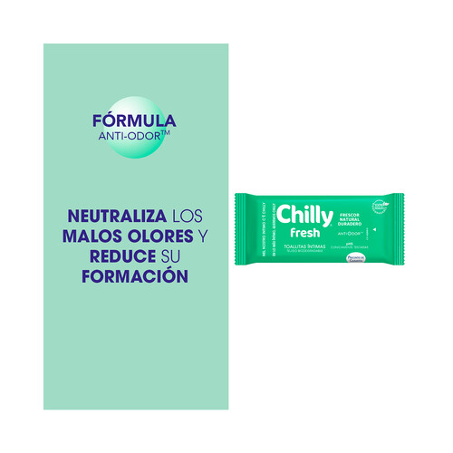 CHILLY Toallitas humedas biodegradables, para higiene intima, con pH5 y acción antiolor CHILLY Fresh 12 uds