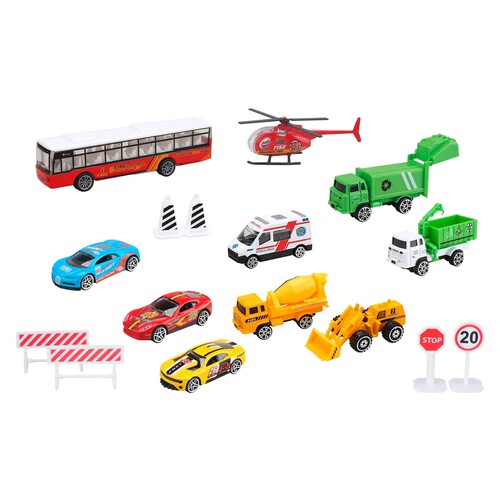 Conjunto De Vehiculos De Ciudad. Pack de Coches, camiones, ambulancia, autobuses de juguete. ONE TWO FUN ALCAMPO