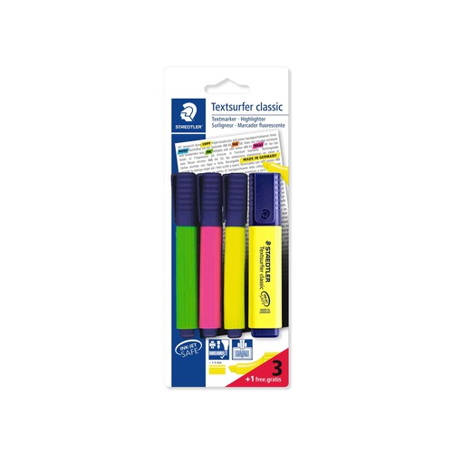 Lote de 4 marcadores fluorescentes, con punta biselada y tinta de colores amarillo (2), verde y rosa STAEDTLER Textsurfer classic.