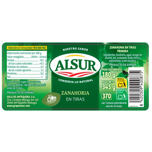 ALSUR Zanahoria rallada 180 g.
