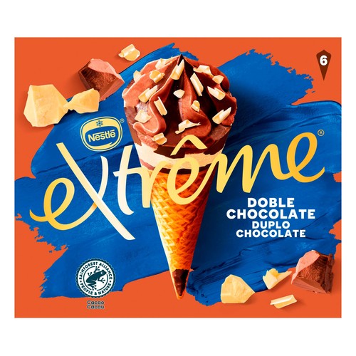 EXTRÈME Cono de helado de chocolate blanco, con leche y negro, con virutas de chocolate blanco 6 x 120 ml.