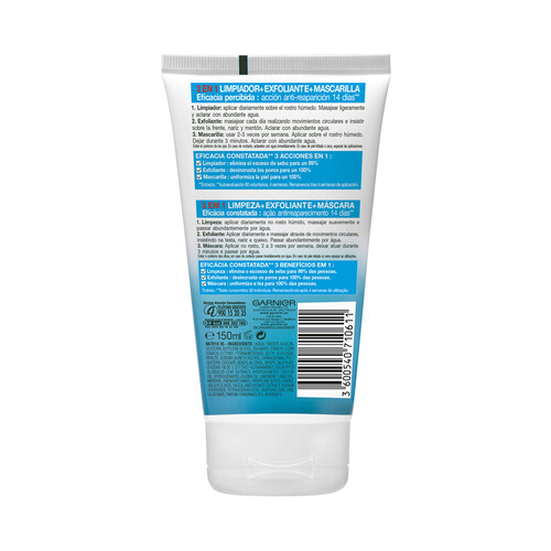 GARNIER Gel limpiador 3 en 1 (limpia, exfolia y purifica) al la vez que da un tono uniforme a la piel GARNIER Skin active pure active 50 ml.