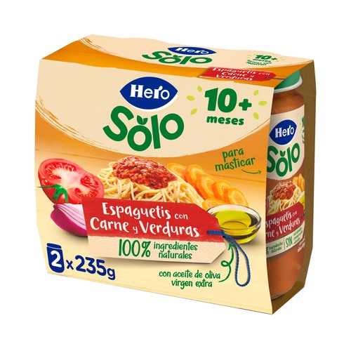 HERO Solo Tarritos de espaguetis con carne y verduras (textura con trocitos), a partir de 10 meses 2 x 235 g.