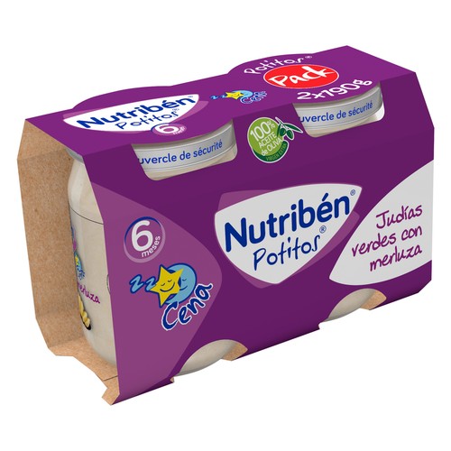 NUTRIBÉN Potitos® de judías verdes con merluza, a partir de 6 meses NUTRIBÉN Cena 2 x 190 g.