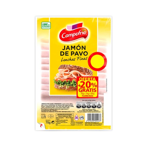 CAMPOFRÍO Jamón de pavo, cortado en lonchas finas 70 g.