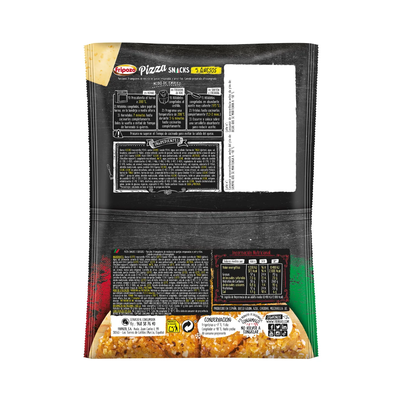 Pizza snacks congelados con mezcla de 5 quesos, empanados y prefritos 250 g.