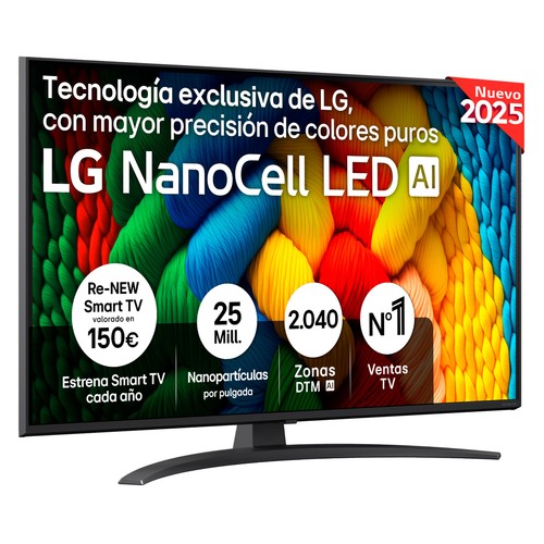 Televisión 109,2cm (43") Nanocell LG 43NANO81A6A, 4K, Ultra HD, Smart TV, WEBOS25 IA, 3HDMI, 2 USB, 60Hz, HDR10.