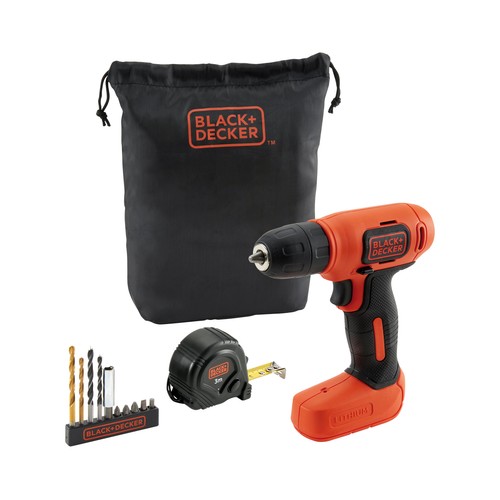 Taladro atornillador a batería litio 7,2V, 10 accesorios, flexómetro, bolsa de transporte, BLACK + DECKER BDCD8GPA.