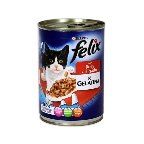 Alimento a base de bocaditos de buey e hígado en gelatina para gatos adultos FÉLIX lata de 400 gramos