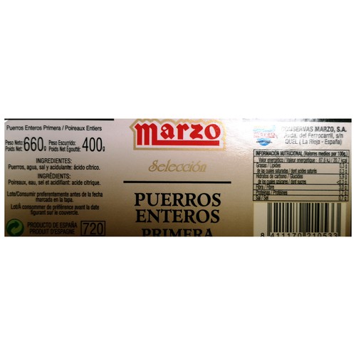 MARZO Puerros al natural 400 g.