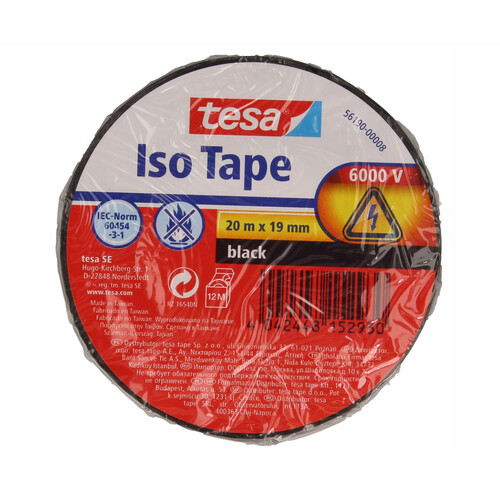 Rollo de 20 metros de cinta aislante adhesiva de 19 milímetros y color negro TESA Iso tape.