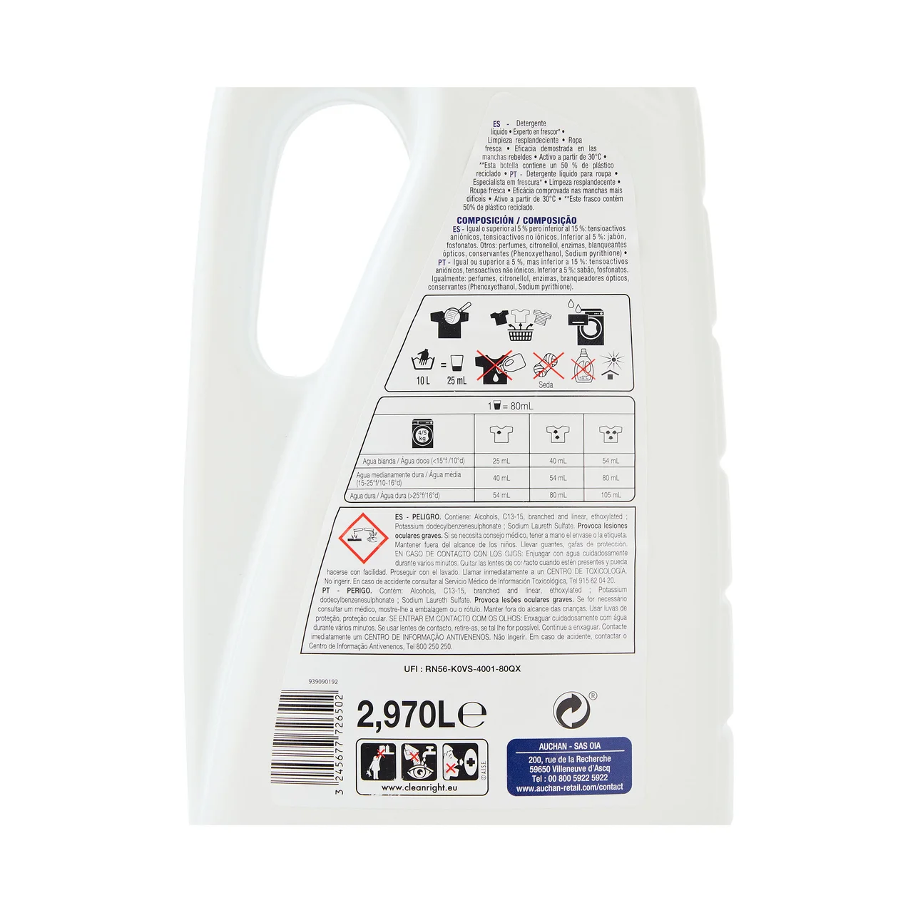 PRODUCTO ALCAMPO Detergente líquido fresco y limpio 55 lav. 3 l.