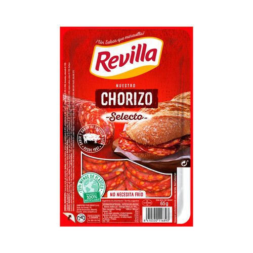Chorizo selecto, elaborado sin gluten y cortado en lonchas REVILLA 65 g.