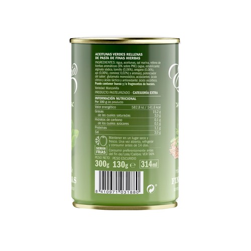 EXCELENCIA Aceitunas rellenas de hierbas aromáticas 130 g.