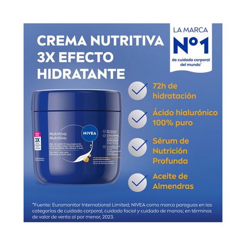 Formulada con 3X más ácido Hialurónico que la fórmula anterior, Sérum de Nutrición Profunda y Aceite de Almendras Natural para ofrecerle a la piel seca o muy seca un efecto 3X más hidratante y 72 horas de hidratación para una piel de aspecto saludable en sólo 3 días.Su textura no grasa hidrata en profundidad y se absorbe rápidamente en la piel. Su compatibilidad con la piel está dermatológicamente probada y su fórmula es vegana sin ingredientes de origen animal.