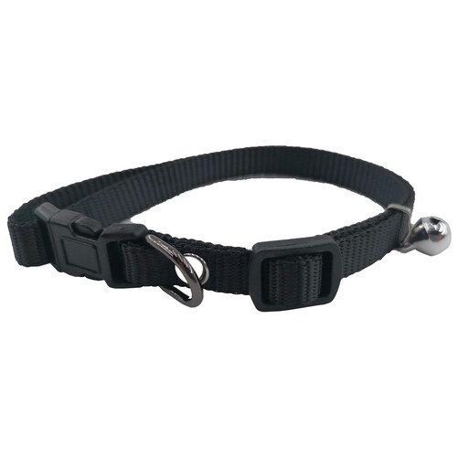PRODUCTO ALCAMPO Collar de 1 cm. extensible (20 - 40 cm) negro con campana y hebilla de plástico.