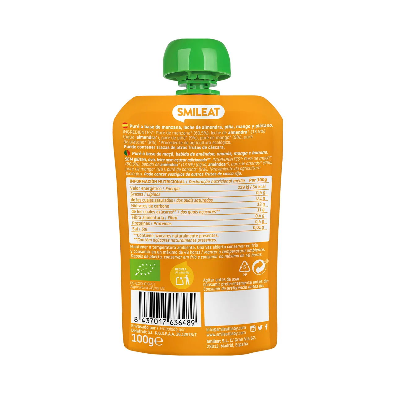 SMILEAT Bolsita de fruta (mango y piña) ecológica con leche de almendras, a partir de 9 meses 100 g.