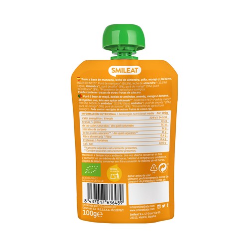 SMILEAT Bolsita de fruta (mango y piña) ecológica con leche de almendras, a partir de 9 meses 100 g.