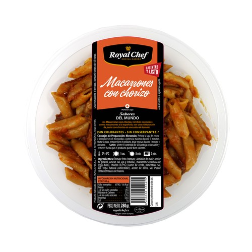 ROYAL CHEF Macarrones con tomate y chorizo, listos para calentar y comer ROYAL CHEF 280 g.