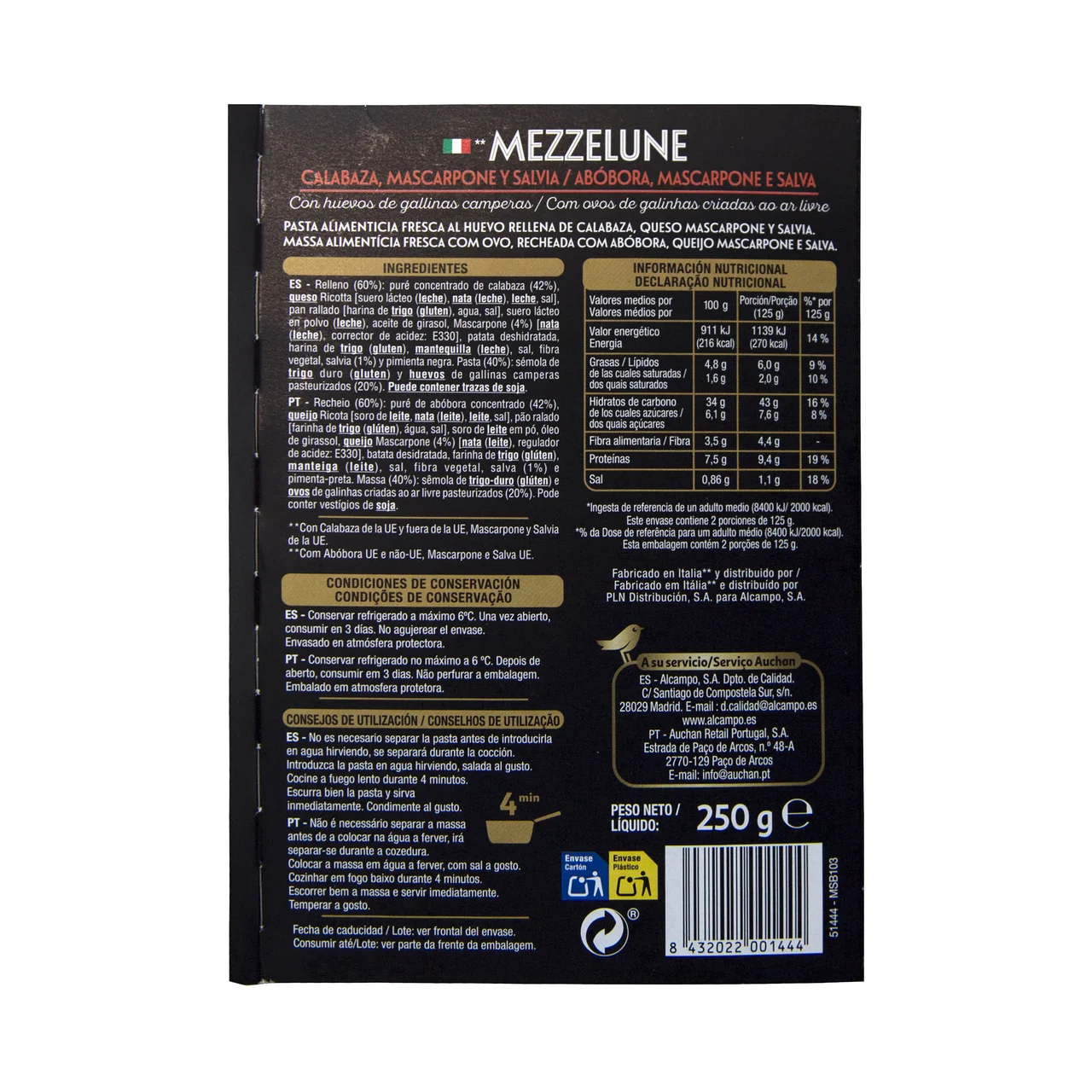 PRODUCTO ALCAMPO Collection Mezzelune de pasta fresca la huevo, rellenos de calabaza, mascarpone y salvia 250 g.