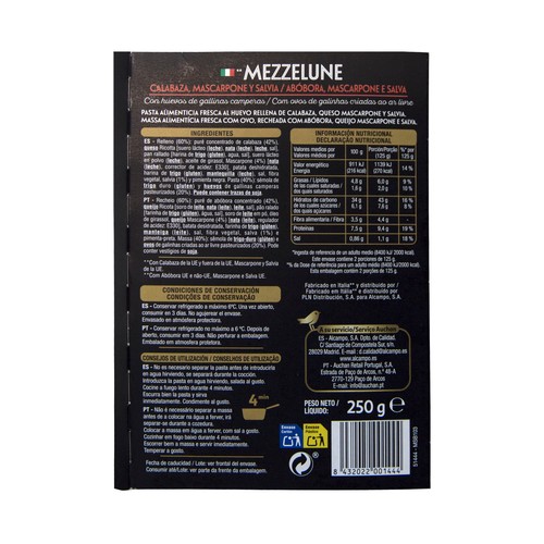 PRODUCTO ALCAMPO Collection Mezzelune de pasta fresca la huevo, rellenos de calabaza, mascarpone y salvia 250 g.