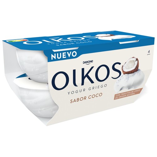 OIKOS Yogur griego con sabor y trocitos de coco de origen natural de Danone 4 x 110 g.