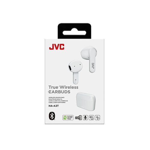Auriculares inalámbricos tipo intrauditivos JVC HA-A3T-WU, estuche de carga, micrófono, color blanco.