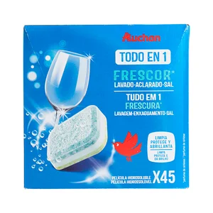 PRODUCTO ALCAMPO Detergente para lavavajillas para máquinas, frescor Todo en 1 PRODUCTO ALCAMPO 45 uds. x 16 g.