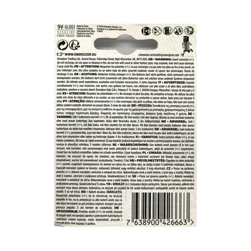Pila alcalina de petaca, 9V, 6LR61, ENERGIZER Max.