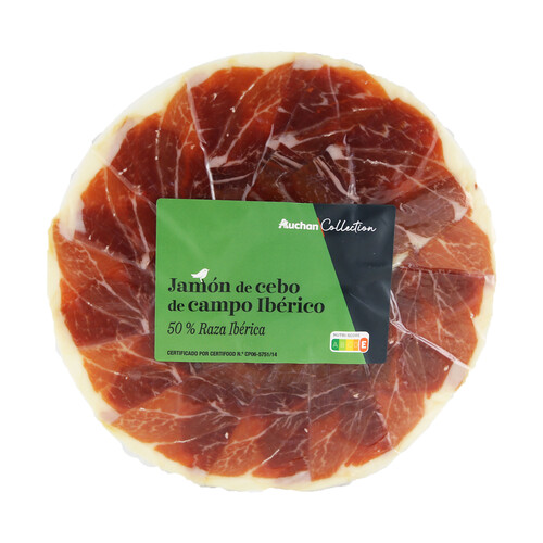 Jamón de cebo de campo ibérico (50% raza ibérica), cortado en tapas ALCAMPO GOURMET 100g.