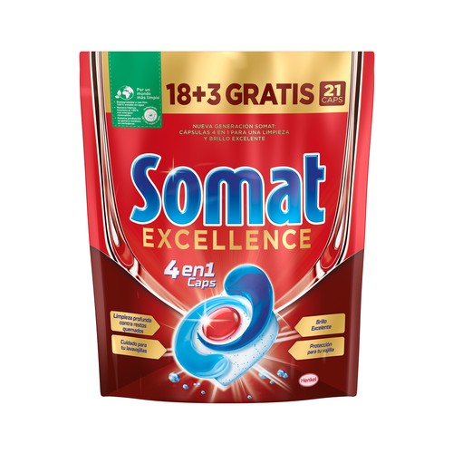 SOMAT Detergente en cápsulas para lavavajillas SOMAT EXCELLENCE 18 + 3 uds x 17,3 g.