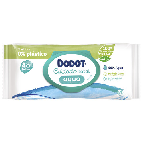 DODOT Toallitas húmedas para bebé con fibras 100% de origen vegetal DODOT Cuidado total aqua 48 uds.