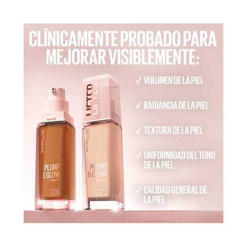 MAYBELLINE Lifter plump & glow tono 336 Base de maquillaje fundente con FPS 15.
