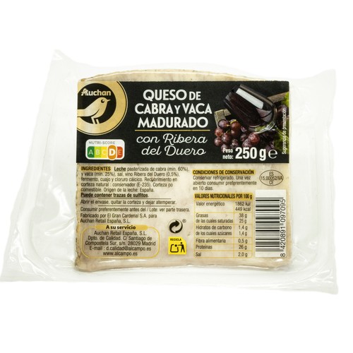 ALCAMPO GOURMET Queso de cabra y vaca madurado con Ribera del Duero ALCAMPO GOURMET 250 g.