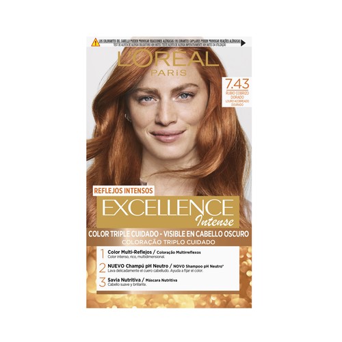 L´ORÉAL PARIS Excellence intense Tinte de pelo permanente tono 7.43 Rubio cobrizo dorado.