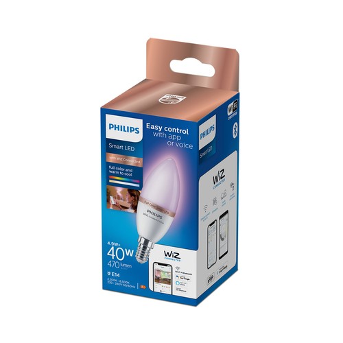 Bombilla Led inteligente E14, WiFi + Bluetooth, 4,9W=40W,  blanco + RGB multicolor, PHILIPS.