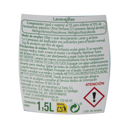 PRODUCTO ECONÓMICO ALCAMPO Detergente lavavajillas a mano PRODUCTO ECONÓMICO ALCAMPO 1,5 l.