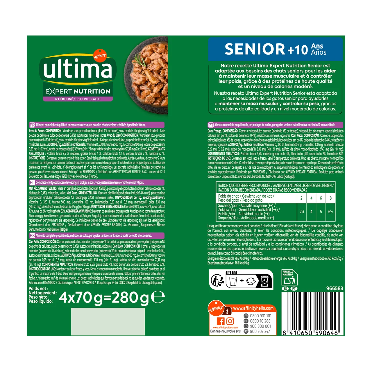 Expert nutrition Alimento em trozos en salsa, para gatos senior (+ 10 años) esterilizados 4 x 70 g.