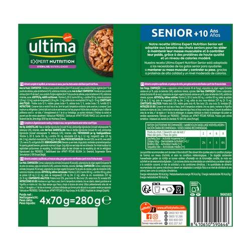 ULTIMA Expert nutrition Alimento em trozos en salsa, para gatos senior (+ 10 años) esterilizados 4 x 70 g.