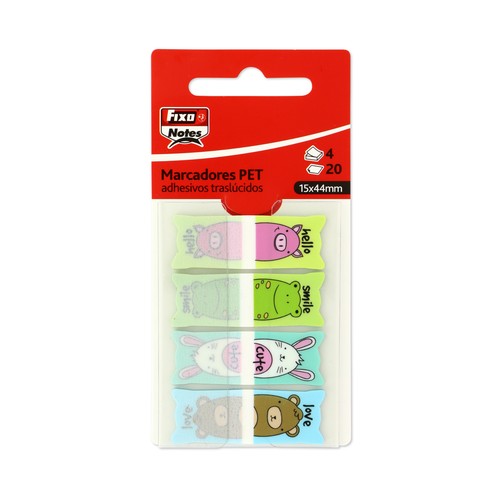 Set 4 marcadores traslúcidos, diseño de animales, 20 hojas, 15x44mm, FIXO.