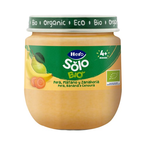 HERO Solo bio Tarrito de frutas y hortailiza (pera y plátano y zanahoria) ecológicos, a partir de 4 meses 120 g.
