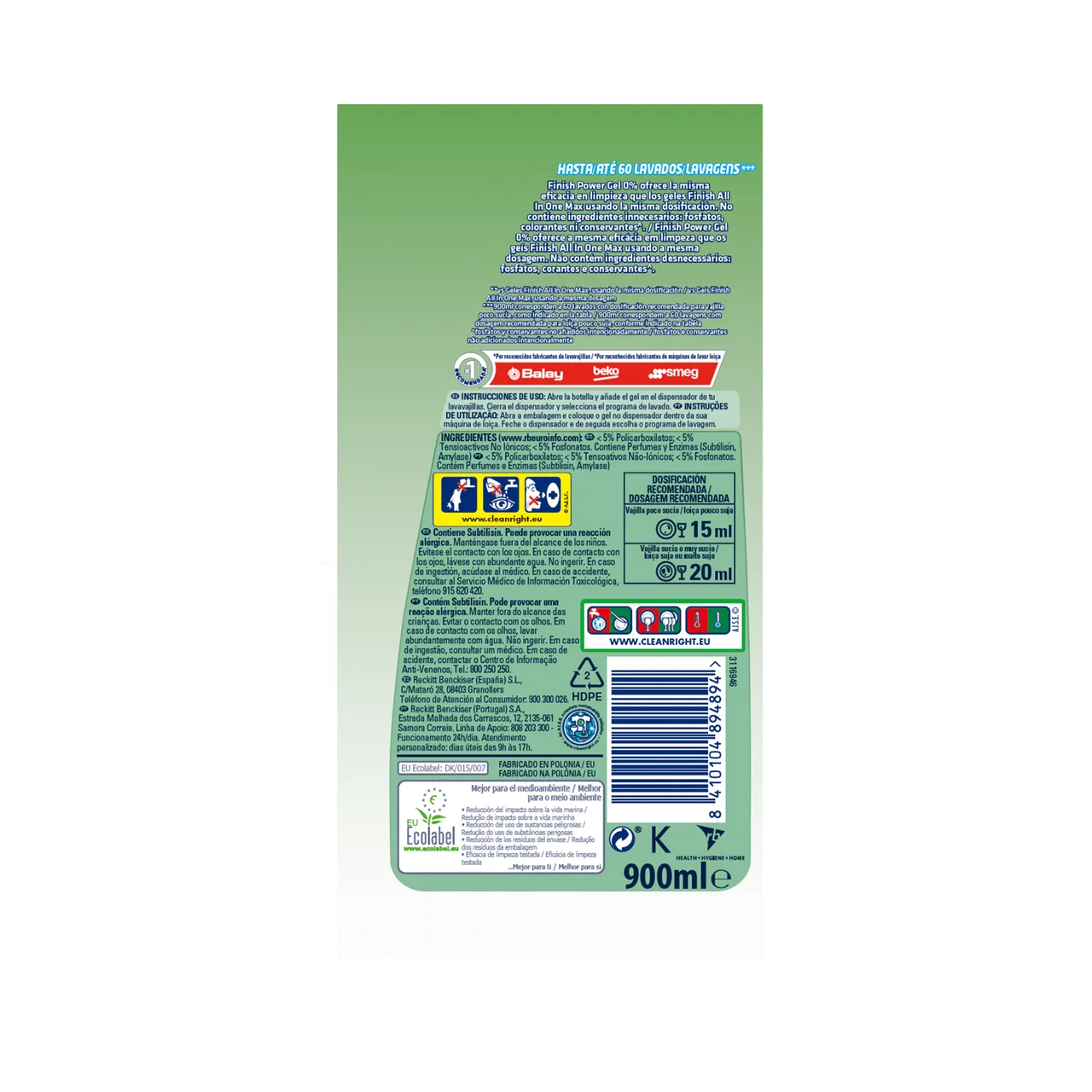 Detergente para lavavajillas 60 lav. 900 ml.