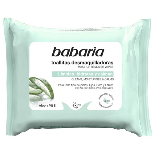 BABARIA Toallitas desmaquillantes con aloe vera y vitamina E, para todo tipo de pieles 25 uds.