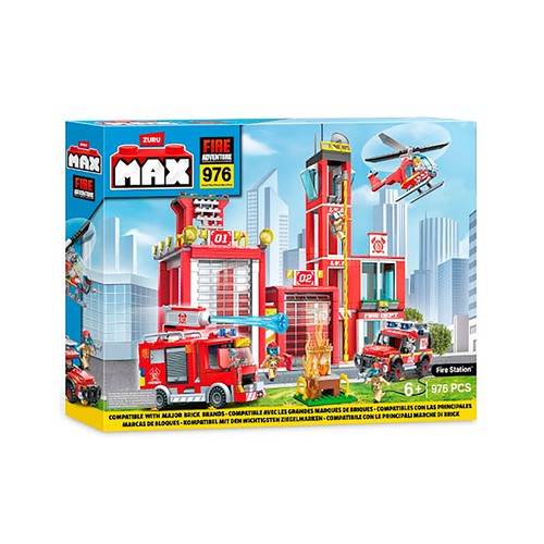 Construcción estación de bomberos y estación de policía MAX CITY, con vehículos y accesorios, 976 piezas, 55 x 40 cm, ZURU